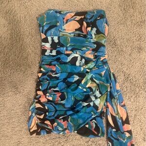 Luxxel Blue Tropical Strapless Mini Dress
